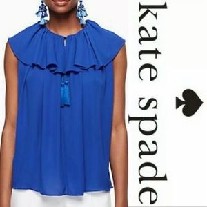 Kate Spade Cobalt blue Tie Neck Ruffle Top resort wear